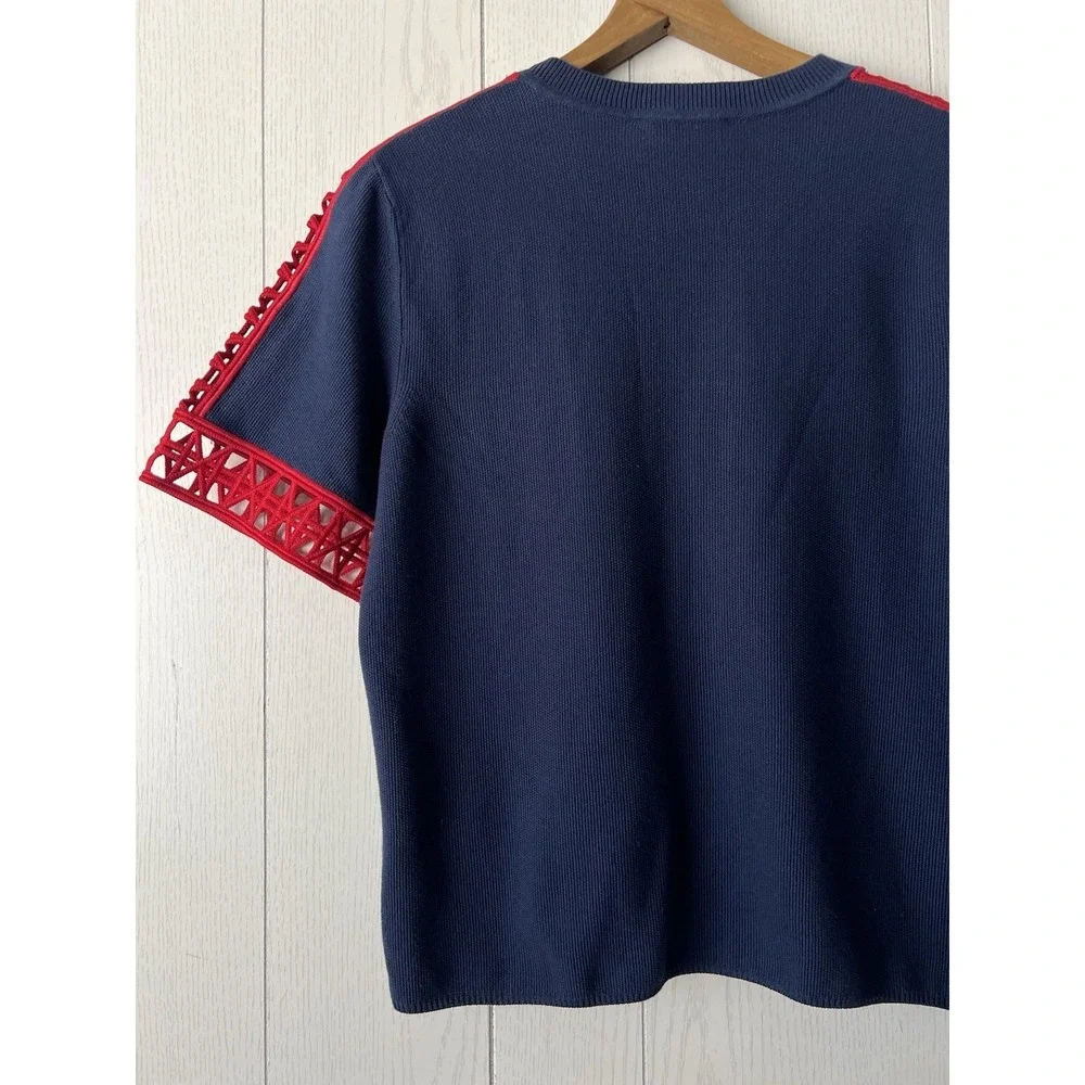 Tory Burch Knit Cotton Navy Blue Red Geo Cut Out Knit Yacht Top Blouse Coastal M